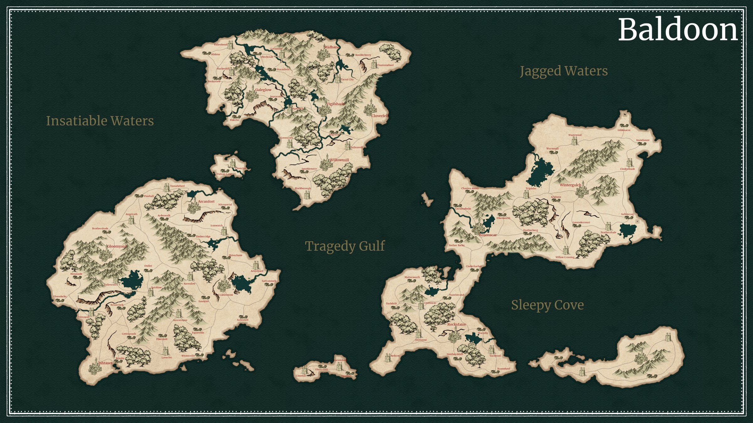 A hand-drawn world map, its towns and wilds marked in ink
